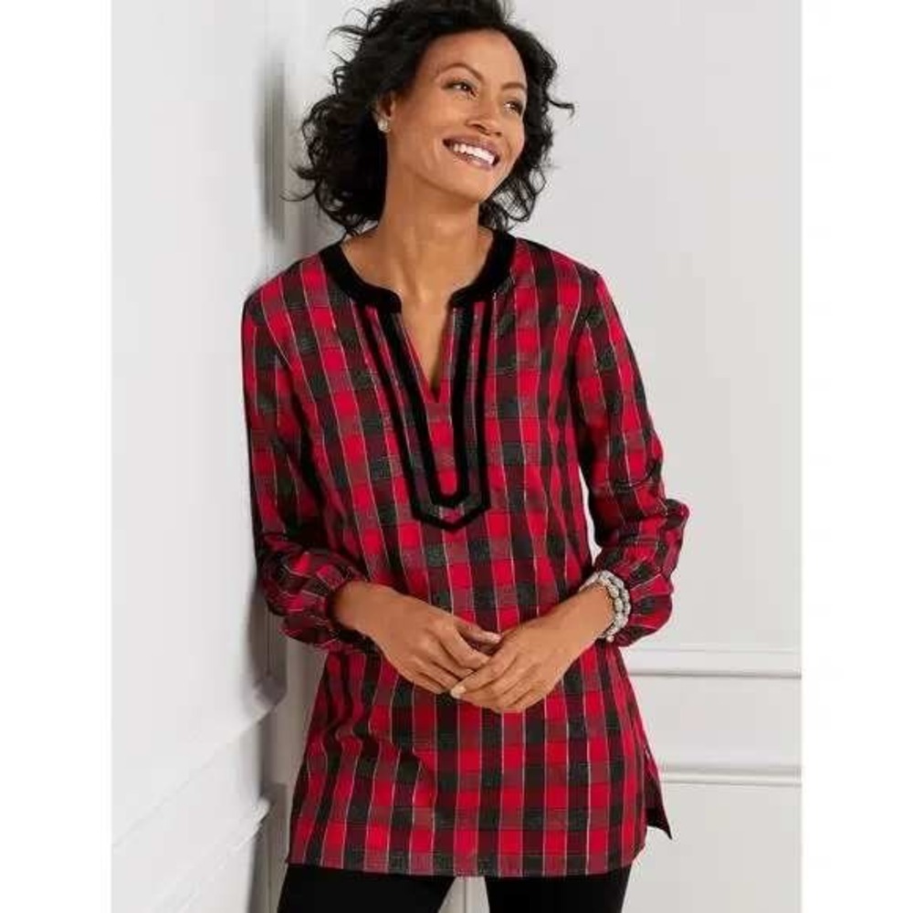 Talbots Plaid Metallic Tunic Top Blouse‎ Womens L Red Black Velvet Trim Holiday